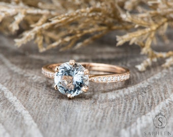 Aquamarine Solitaire Engagement Ring, Rose Gold 14k/18k Aquamarine Wedding Ring, Half Eternity Diamond Wedding Ring, Birthstone Ring