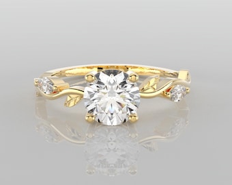 1ct Round Leaf Engagement Ring, Moissanite or Lab Diamond with Marquise Accents