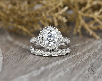 Vintage Round Halo Moissanite Bridal Set, Art Deco 1.0 Ct NEO Moissanite Engagement Ring, Flower Style Gold 14k/18k Wedding Set by Sapheena