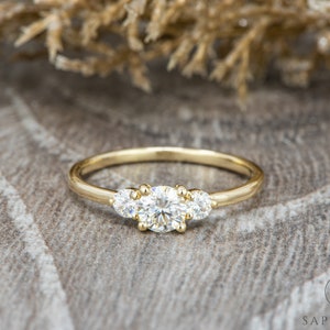 Three Stone Engagement Ring | Round Cut Moissanite Ring | Past Present Future Wedding Ring | Mini Moissanite Gold Ring | Her Promise Ring