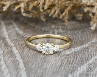 Three Stone Engagement Ring | Round Cut Moissanite Ring | Past Present Future Wedding Ring | Mini Moissanite Gold Ring | Her Promise Ring