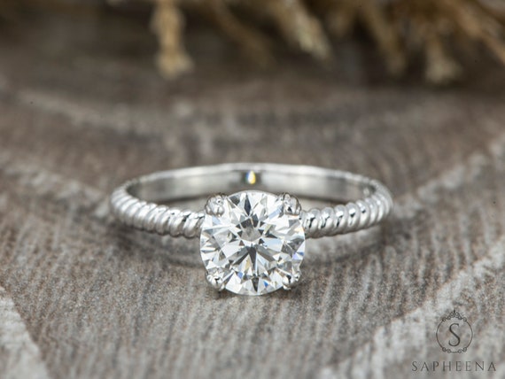 Round Cut Solitaire Ring Moissanite Engagement Ring Unique White Gold  Cable Ring Gemstone Bridal Ring Rope Style Promise Ring
