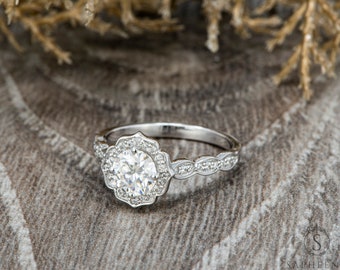 Round Cut NEO Moissanite Vintage Floral Engagement Ring, Scalloped Halo Moissanite Wedding Ring, 1.0 Ct Moissanite Bridal Ring