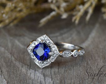 Art Deco Cushion Cut Chatham Blue Sapphire Engagement Ring, Vintage Sapphire Gold Wedding Ring, Moissanite Bridal Ring, September Birthstone