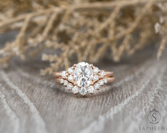 Oval Moissanite Engagement Ring Set with Curved Band, 1.5ct Bridal Set Gold/Platinum