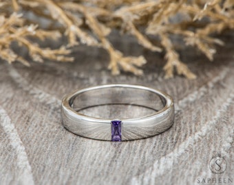 Mens Amethyst Wedding Band | Baguette Cut Purple Amethyst Band | 4mm Solid Gold Ring | Mens Solitaire Baguette Cut Amethyst Ring