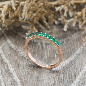 Half Eternity Princess Cut Green Emerald Wedding Band in 14k Yellow Gold,Green Emerald Stacking Band,May Birthstone Bridal Band by Sapheena image 2