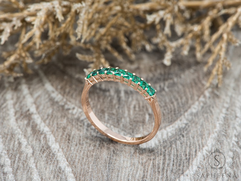 Half Eternity Princess Cut Green Emerald Wedding Band in 14k Yellow Gold,Green Emerald Stacking Band,May Birthstone Bridal Band by Sapheena image 2