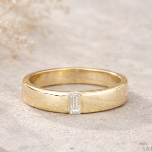 Herren Ehering | Diamant im Baguetteschliff / Moissanit | 4 mm Solid Rose / Weiß / Gelbgold Ring | Solitaire Baguette Cut Diamant Ring