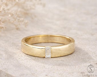 Mens Wedding Band | Baguette Cut Diamond/Moissanite Band | 4mm Solid Rose/White/Yellow Gold Ring | Mens Solitaire Baguette Cut Diamond Ring