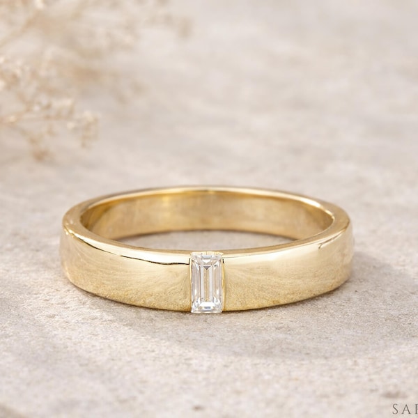 Mens Wedding Band | Baguette Cut Diamond/Moissanite Band | 4mm Solid Rose/White/Yellow Gold Ring | Mens Solitaire Baguette Cut Diamond Ring