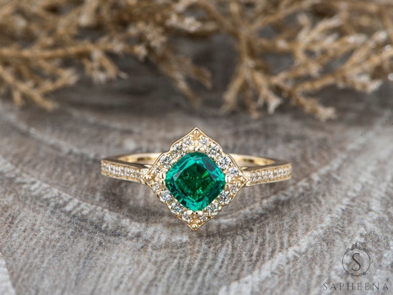 Green Emerald Cushion Cut Engagement Ring Vintage Green Emerald