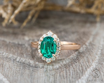 Oval Cut Emerald Engagement Ring, Chatham Green Emerald Ring, Oval Diamond Halo Wedding Ring, May Birthstone Bridal Gold Ring, Oval Emerald