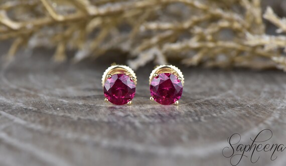 1ct Round Ruby Earring Studs in 14k Yellow Gold 5mm Round Cut Ruby