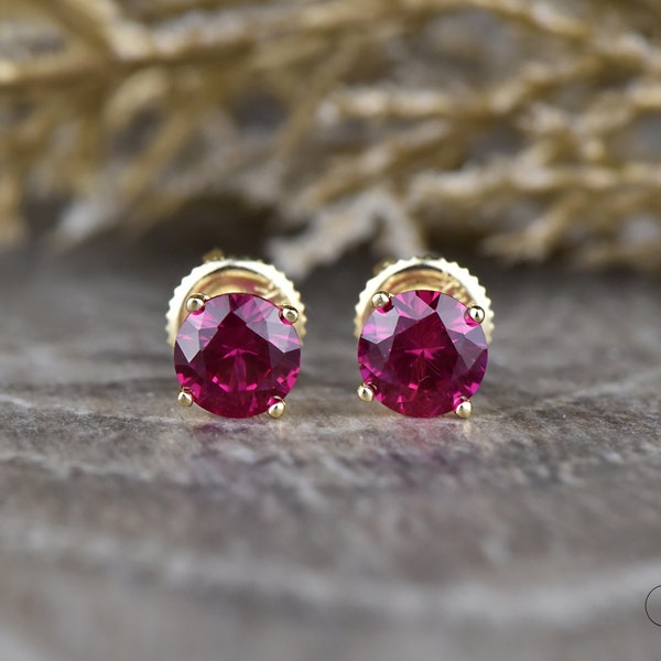 1ct Round Ruby Earring Studs in 14k Yellow Gold,5mm Round Cut Ruby Screw Backs, July Birthstone Earrings, Gemstone Mini Studs by Sapheena