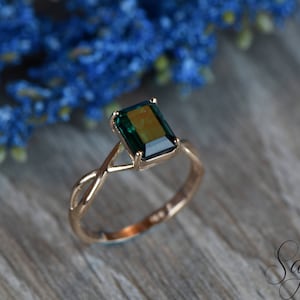 Green Emerald Engagement Ring in 14k Rose Gold, 8x6mm Emerald Cut, May ...