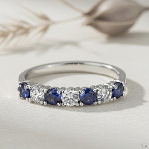 Blue Sapphire and Moissanite Seven Stone Band, Solid Gold or Platinum Stacking Ring