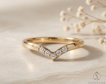 Curved Moissanite or Diamond Wedding Band, Chevron Nesting Ring, Solid Gold or Platinum
