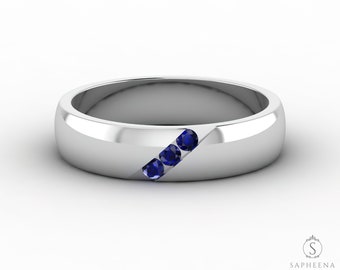 4.5mm Blue Sapphire Men’s Channel Set Wedding Band in Gold or Platinum