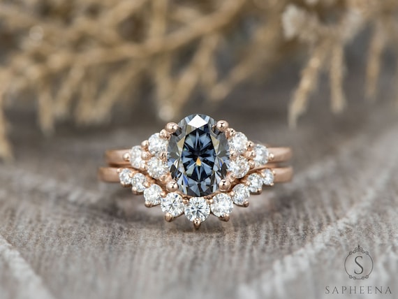 Grey Moissanite Bridal Ring Set Oval Moissanite Cluster Ring