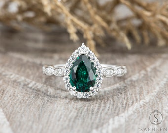 1.25 Ct Pear Cut Halo Green Emerald Engagement Ring, Chatham Green Emerald Wedding Ring, Vintage Scalloped Halo Ring, Art Deco Diamond Ring