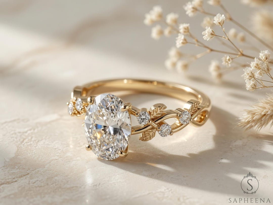 Oval Lab Grown Diamond Ring, Nature Inspired Leaf Vine Engagement Ring ...