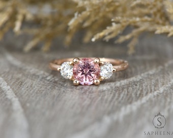 Three Stone Round Cut Chatham Champagne Peach Sapphire Wedding Ring, Past Present Future Sapphire Engagement Ring, Solid Gold Bridal Ring