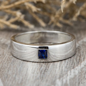 Mens Blue Sapphire Wedding Band, Princess Cut Blue Sapphire Mens Wedding Band, Solid Gold 10k/14k/18k Wedding Ring, His Wedding Band