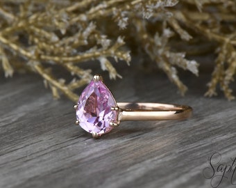 Pear Sapphire Solitaire Ring, Peach Sapphire Engagement Ring, Sapphire Rose Gold Ring, 9x7mm Pear Wedding Ring, Anniversary Ring by Sapheena