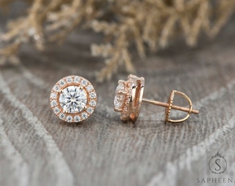 Moissanite Earring Studs | Round Cut Moissanite Halo Earrings | 14k Rose Gold Screw Back Studs | Anniversary/Bridal Gold Earrings