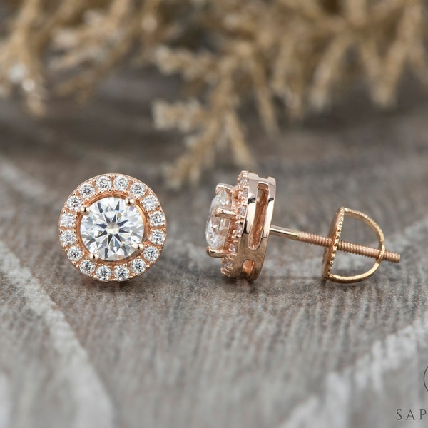 Moissanite Earring Studs | Round Cut Moissanite Halo Earrings | 14k Rose Gold Screw Back Studs | Anniversary/Bridal Gold Earrings