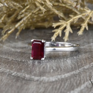 Emerald Cut Chatham Ruby Ring, Solitaire Red Ruby Engagement Ring, Minimalist Solid Gold Promise Ring, July Birthstone Fine Jewelry, Gift