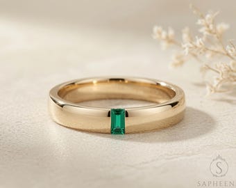 Men’s Emerald Ring, Baguette Green Emerald Band, 4mm Solid Gold or Platinum