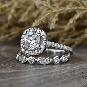 Cushion Cut Halo Engagement Ring, Art Deco Bridal Set, Cushion Moissanite Wedding Set, NEO Moissanite Ring Set, Unique Bridal Set image 10