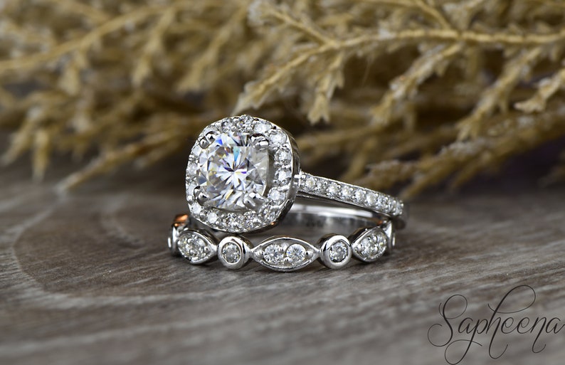 Cushion Cut Halo Engagement Ring, Art Deco Bridal Set, Cushion Moissanite Wedding Set, NEO Moissanite Ring Set, Unique Bridal Set image 10