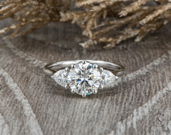 Solid Gold Three Stone Ring, Moissanite & Lab-Grown Diamond, Trillion Cut