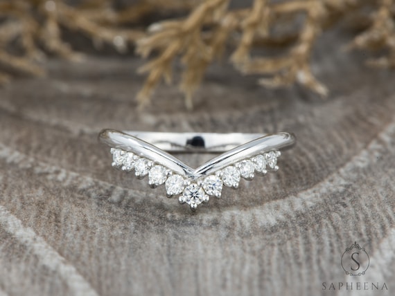 Curved Moissanite Wedding Band Crown Style Diamond Wedding Band