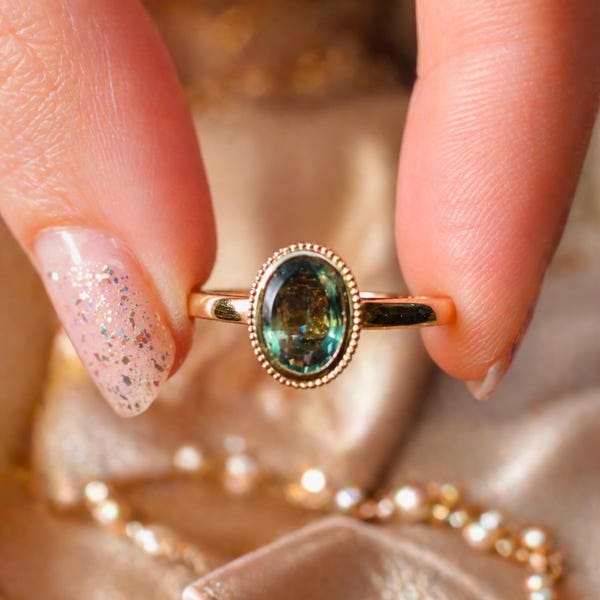 1.0 Ct Natural Oval Green Sapphire Bezel Ring, Solid Gold,  Milgrain Details, Fine Jewelry