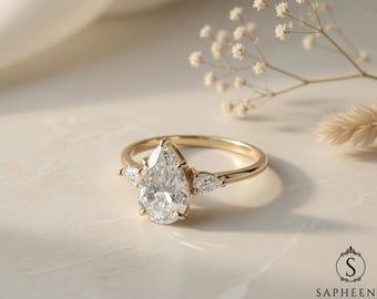 2 Ct Pear Lab Grown Diamond Ring, Three Stone Engagement Ring, Low Profile Bridal Ring