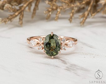 Nature Inspired Green Sapphire Oval Engagement Ring • Diamond Accents • Gold or Platinum