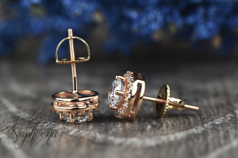 Brilliant Round Cut Halo Earring Screwback Studs in 14k Rose Gold Round Cut Screw Backs,Bridal Earrings Wedding Studs by Sapheena