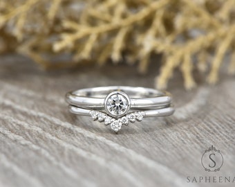 Mini Round Cut Moissanite Solitaire Engagement Ring, Lab-Grown Diamond Wedding Band, Bezel Diamond Ring with Tiara Diamond Band, Bridal Set