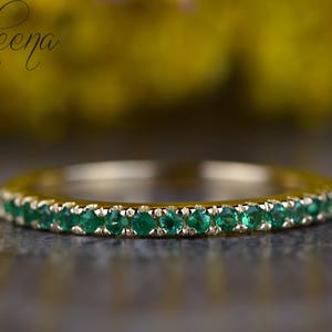 Dainty Round Green Emerald Half Eternity Wedding Band,Yellow Gold Green Emerald Band,May Birthstone Ring,Stacking Gemstone Ring by Sapheena