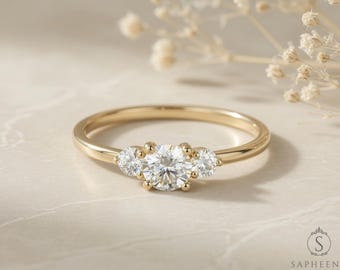 Dainty Low Profile Three Stone Moissanite Engagement Ring, Gold or Platinum Band