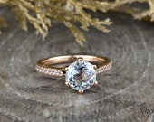 Aquamarine Solitaire Engagement Ring, Rose Gold 14k 18k Aquamarine Wedding Ring, Half Eternity Diamond Wedding Ring, Birthstone Ring