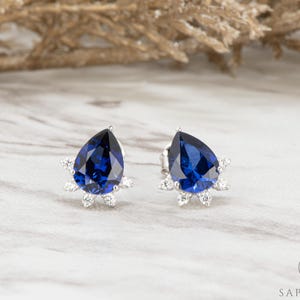 2.0 Ct Pear Cut Blue Sapphire Stud Earrings, 14k Art Deco Solid Gold, September Birthstone Earrings, Teardrop Delicate Gift for Her