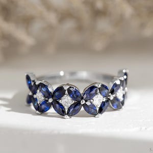 Floral Blue Sapphire Marquise Band, Marquise Cut Blue Sapphire & White Moissanite Ring, Unique Eternity Ring, Solid Gold Wedding Band, Gift