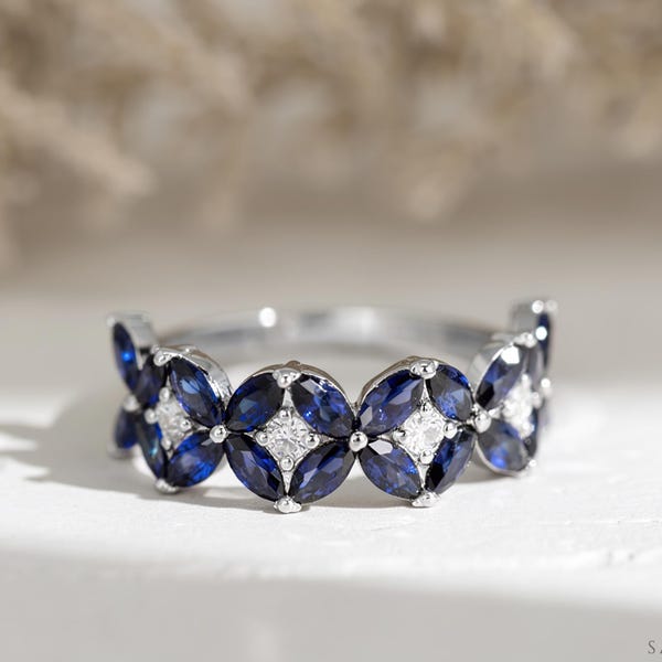 Floral Blue Sapphire Marquise Band, Marquise Cut Blue Sapphire & White Moissanite Ring, Unique Eternity Ring, Solid Gold Wedding Band, Gift