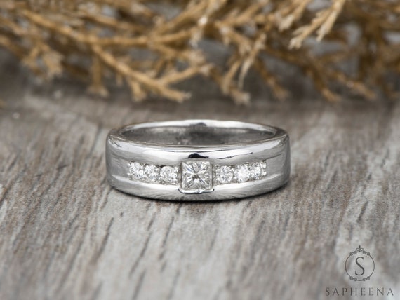 Men s Moissanite Wedding Princess Cut Mens Wedding Band Solid