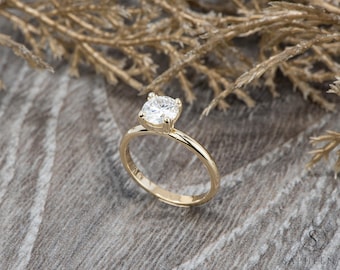 Dainty Moissanite Engagement Ring, Round Cut Solitaire, Solid Gold or Platinum Bridal Ring